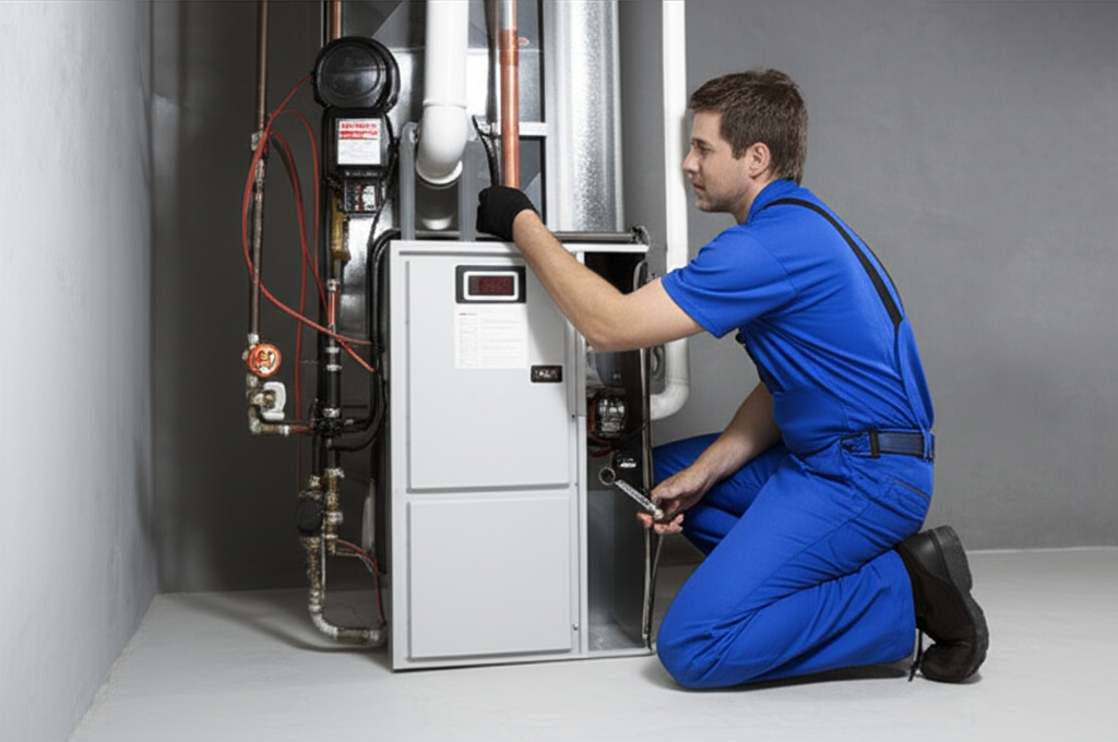 Technician servicing a furnace