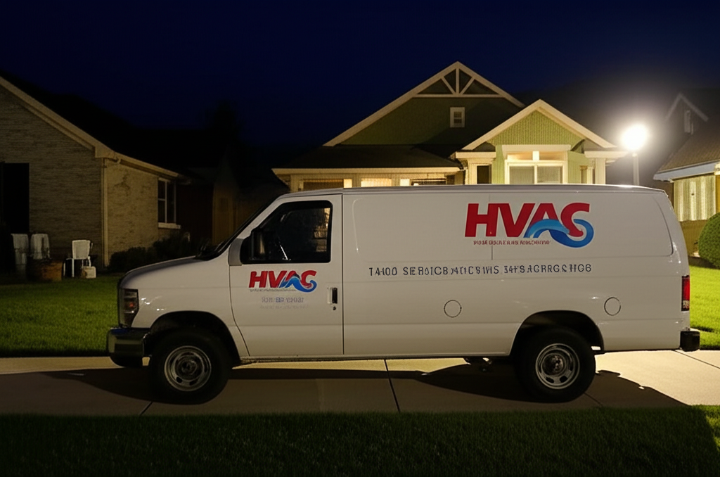 Emergency HVAC service van at night
